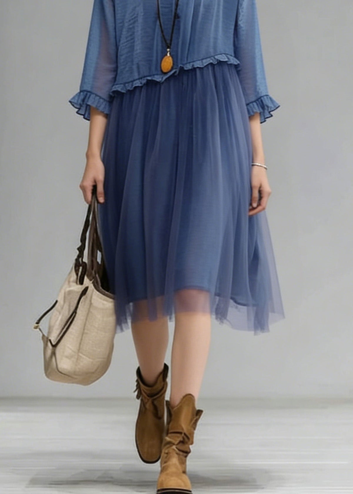 Fashion Blue O-Neck Ruffled Tulle Patchwork Chiffon Dress Summer - View 4