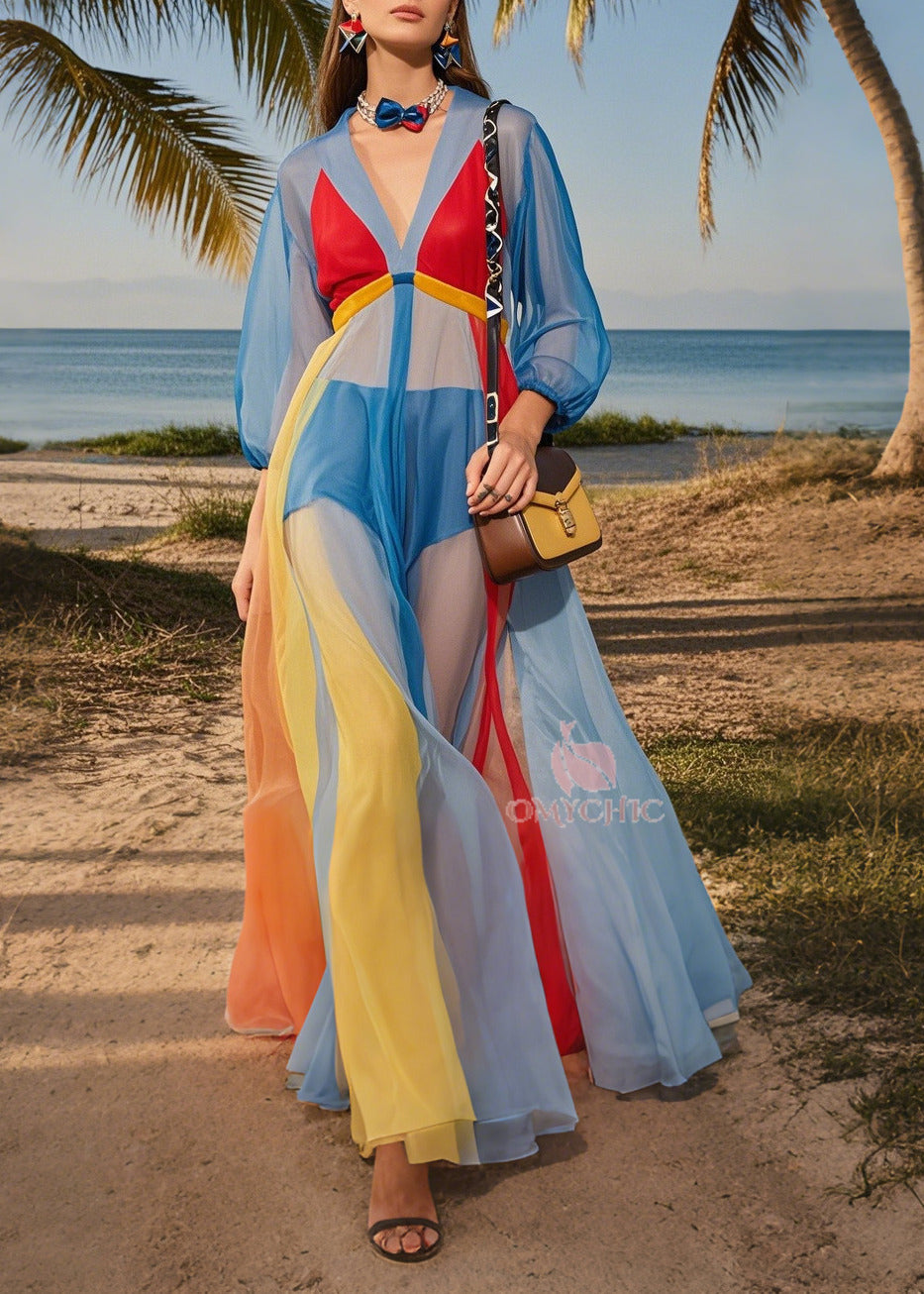 Fashion Blue V Neck Patchwork Tulle Maxi Dresses Summer - View 3