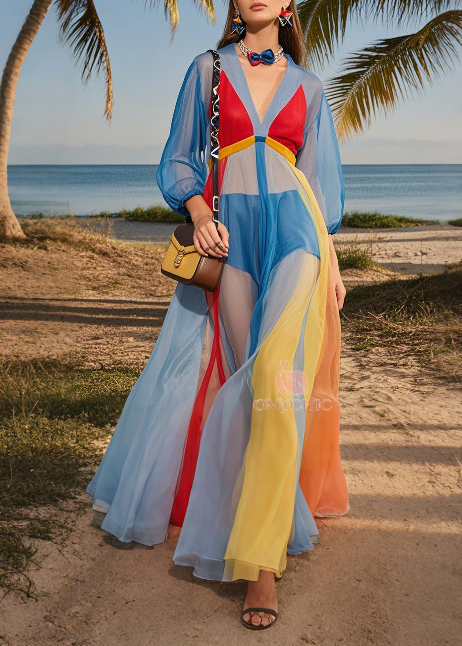 Fashion Blue V Neck Patchwork Tulle Maxi Dresses Summer - View 5