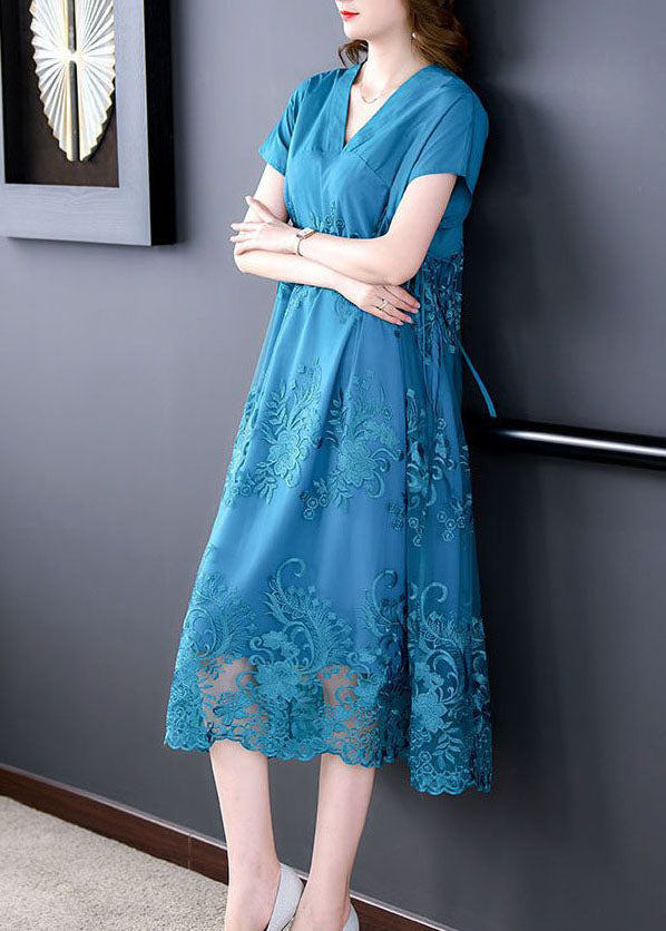 Short Sleeve V-Neck Floral Embroidery Mesh Overlay Tie Waist Midi Dress - View 4