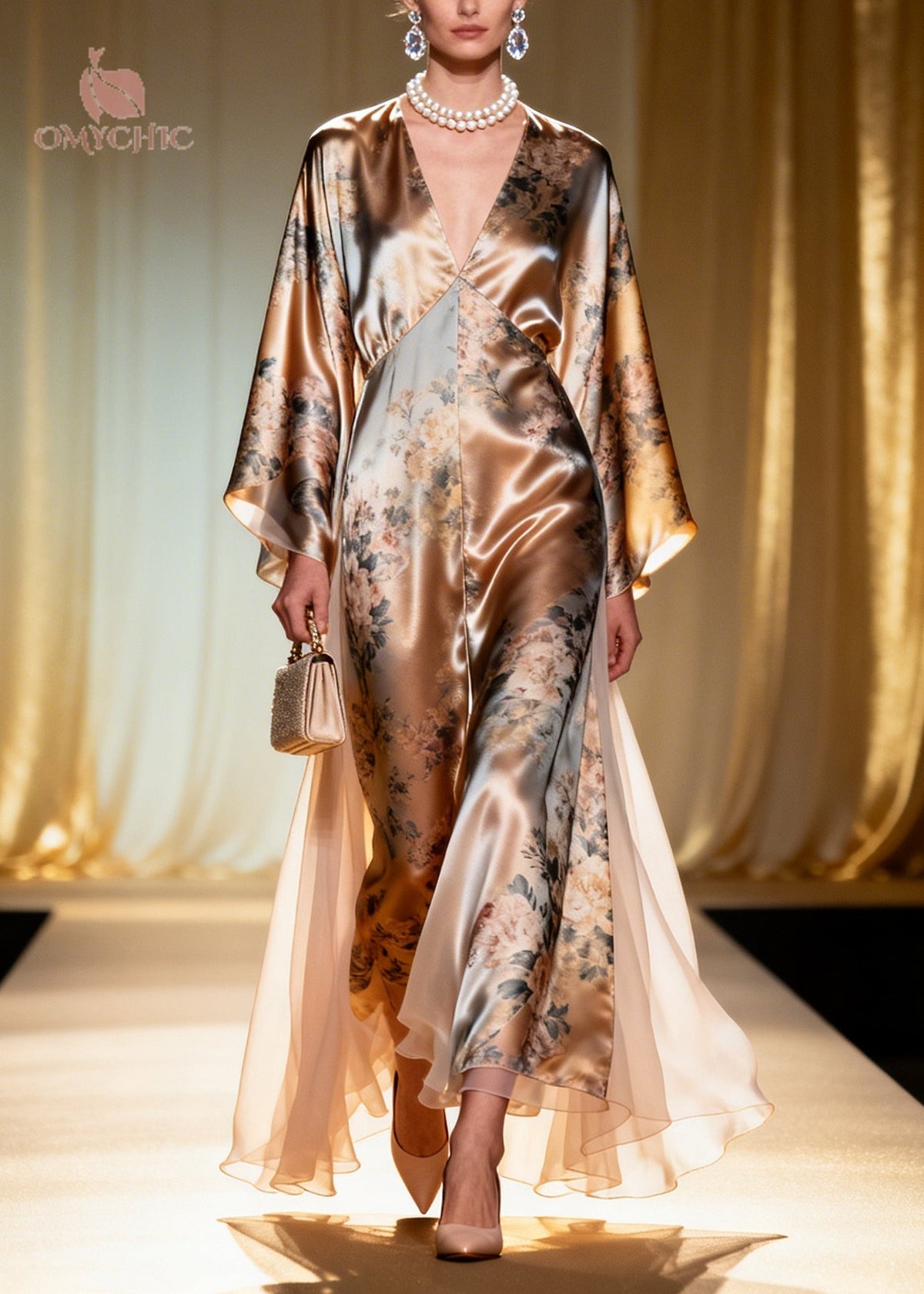 Fashion Champagne Print Tulle Patchwork Silk Maxi Dress Summer