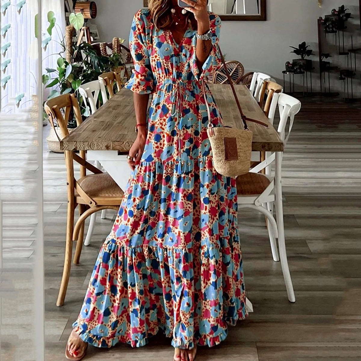 Paisley Print Deep V-Neck Long Sleeve Tiered Ruffle Maxi Dress - View 5