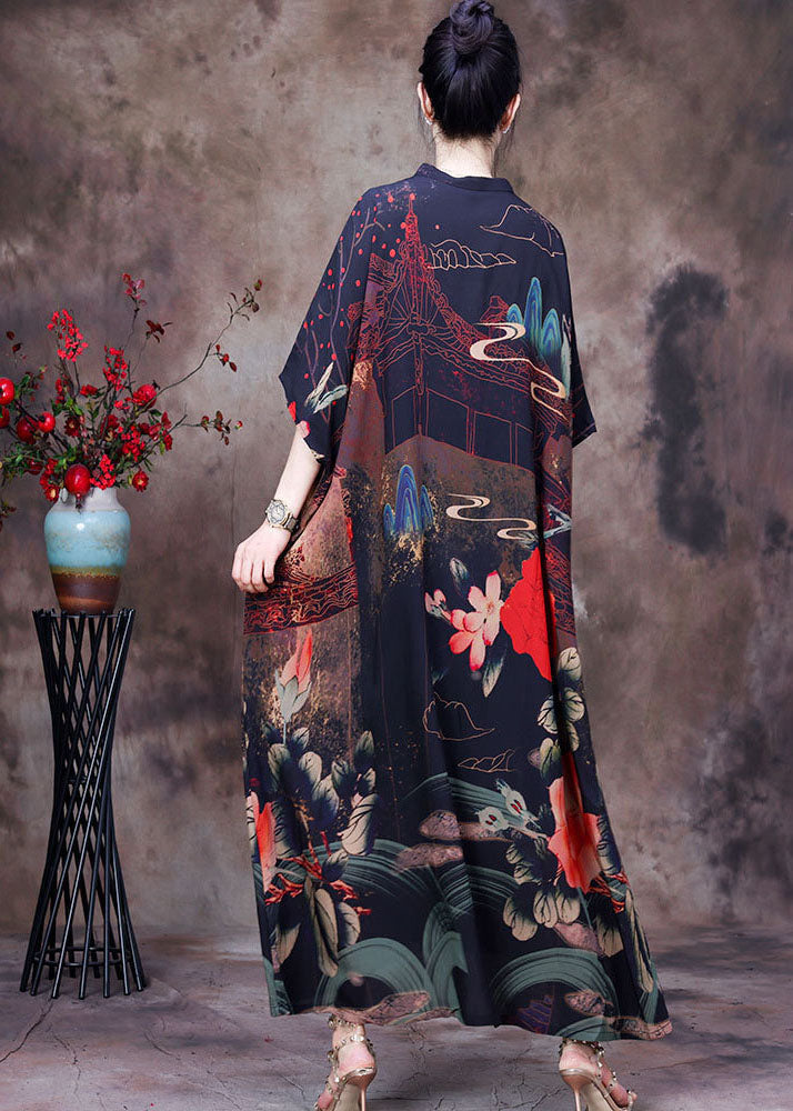 Stand Collar Batwing Sleeve Button Front Chiffon Maxi Dress - View 4