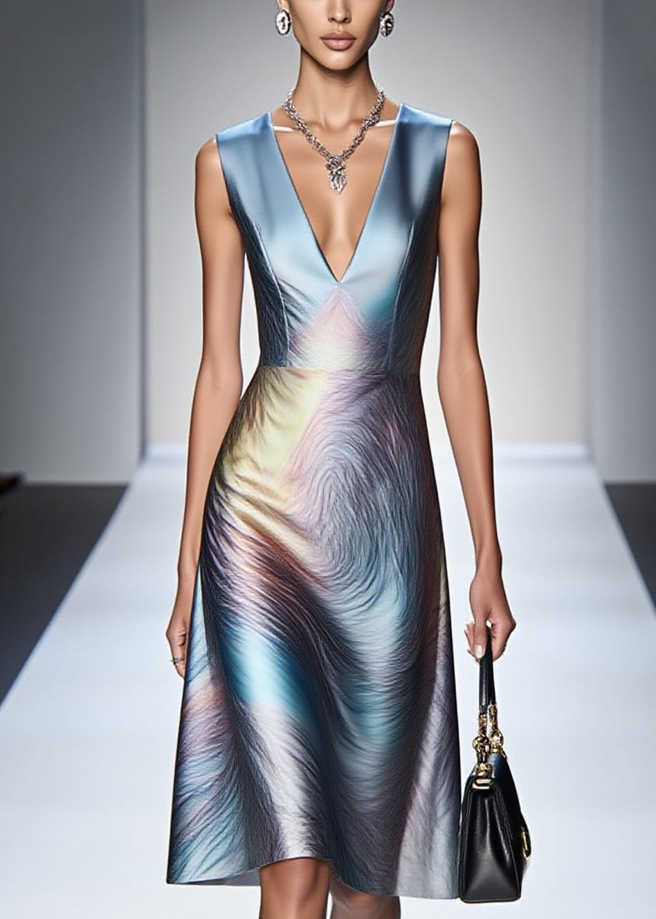 Satin Deep V-Neck Sleeveless Marble Print A-Line Midi Dress - View 3
