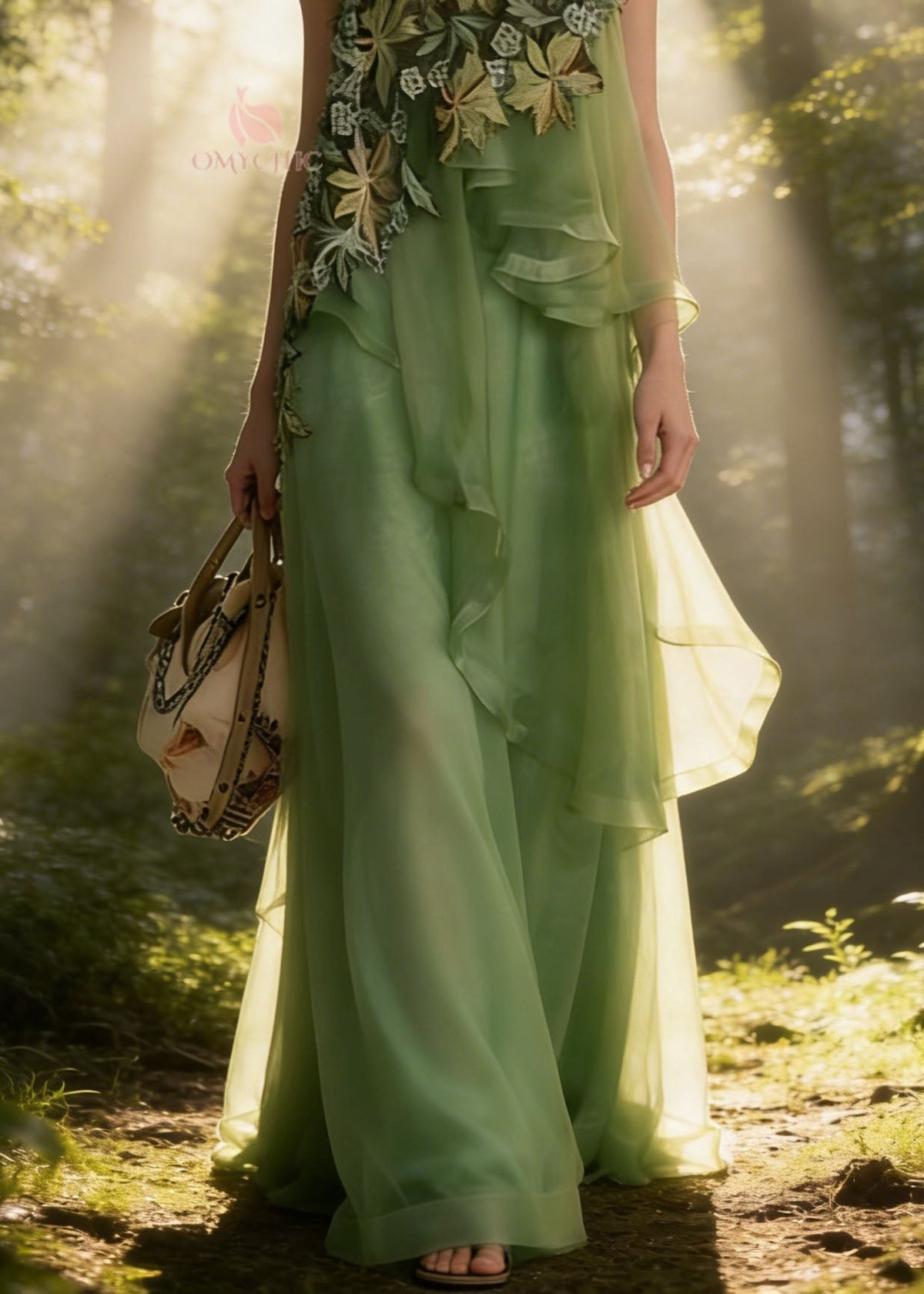 Green Asymmetrical Patchwork Tulle Spaghetti Strap Dress - View 4