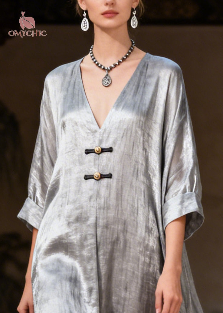 Shimmer Deep V-Neck Toggle Frog Closure Oversized Kaftan Maxi Dress - View 2