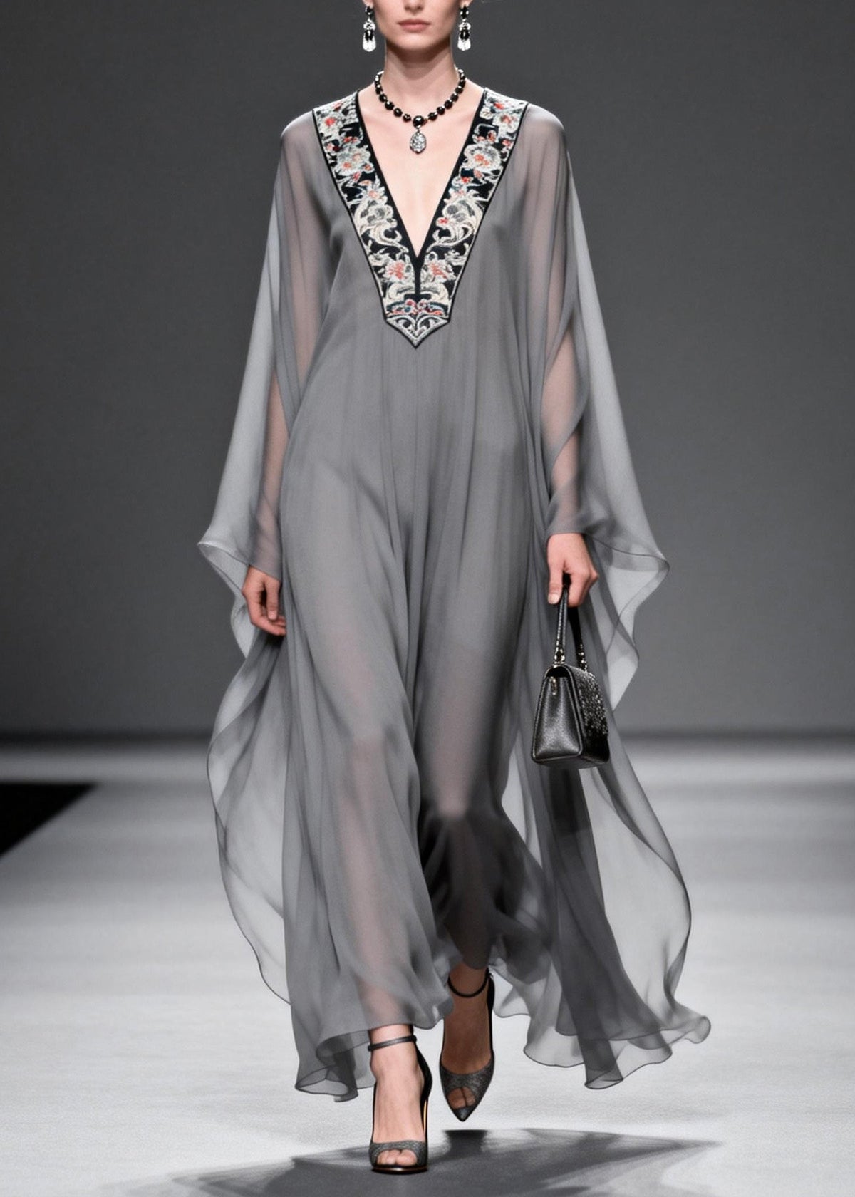 Fashion Grey V Neck Print Patchwork Chiffon Maxi Dresses Spring - View 3