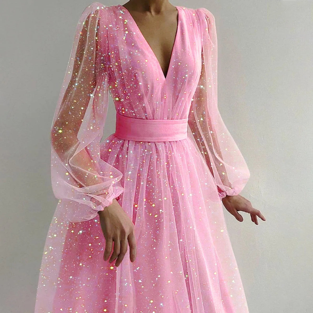 Glitter Tulle Deep V-Neck Bishop Sleeve Wide A-Line Midi Dress - View 2