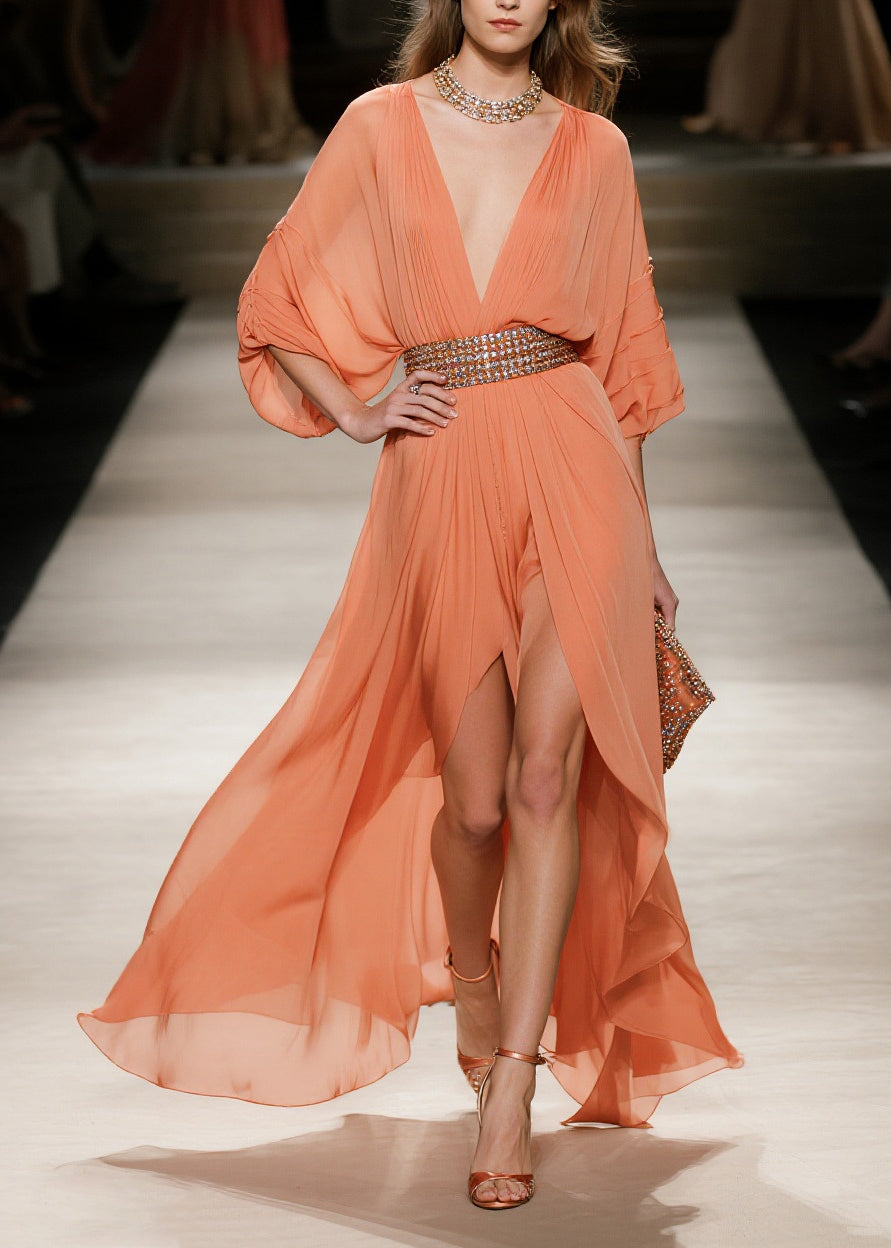 Fashion Orange Exra Large Hem Side Open Tulle Maxi Dress Summer - View 3