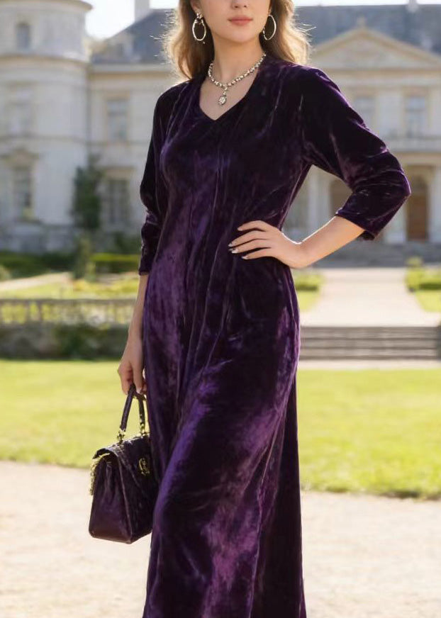 Velvet V-Neck Three Quarter Sleeve Relaxed A-Line Maxi Dress - View 2