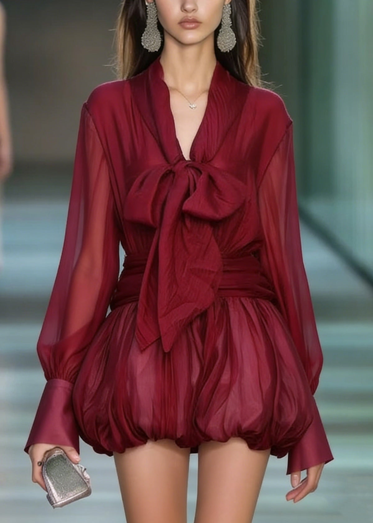 Fashion Red Lace Up Patchwork Chiffon Mini Dress Spring - View 5