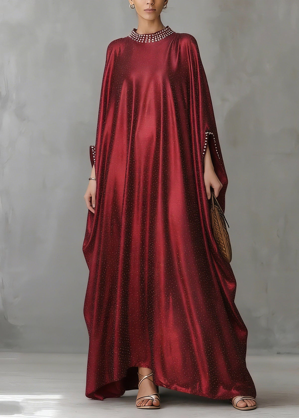 Satin Pearl Trim Cape Sleeve Glitter Kaftan Maxi Gown - View 3