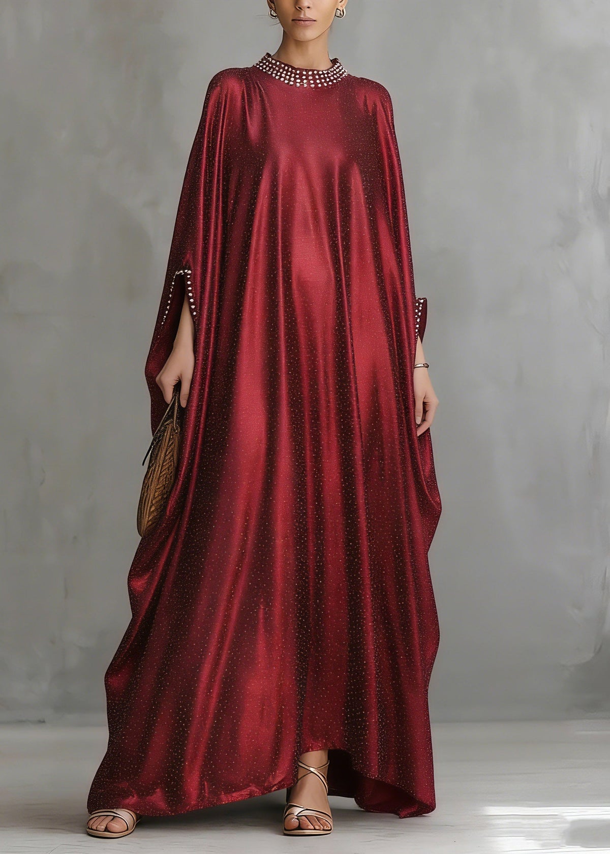 Satin Pearl Trim Cape Sleeve Glitter Kaftan Maxi Gown - View 5