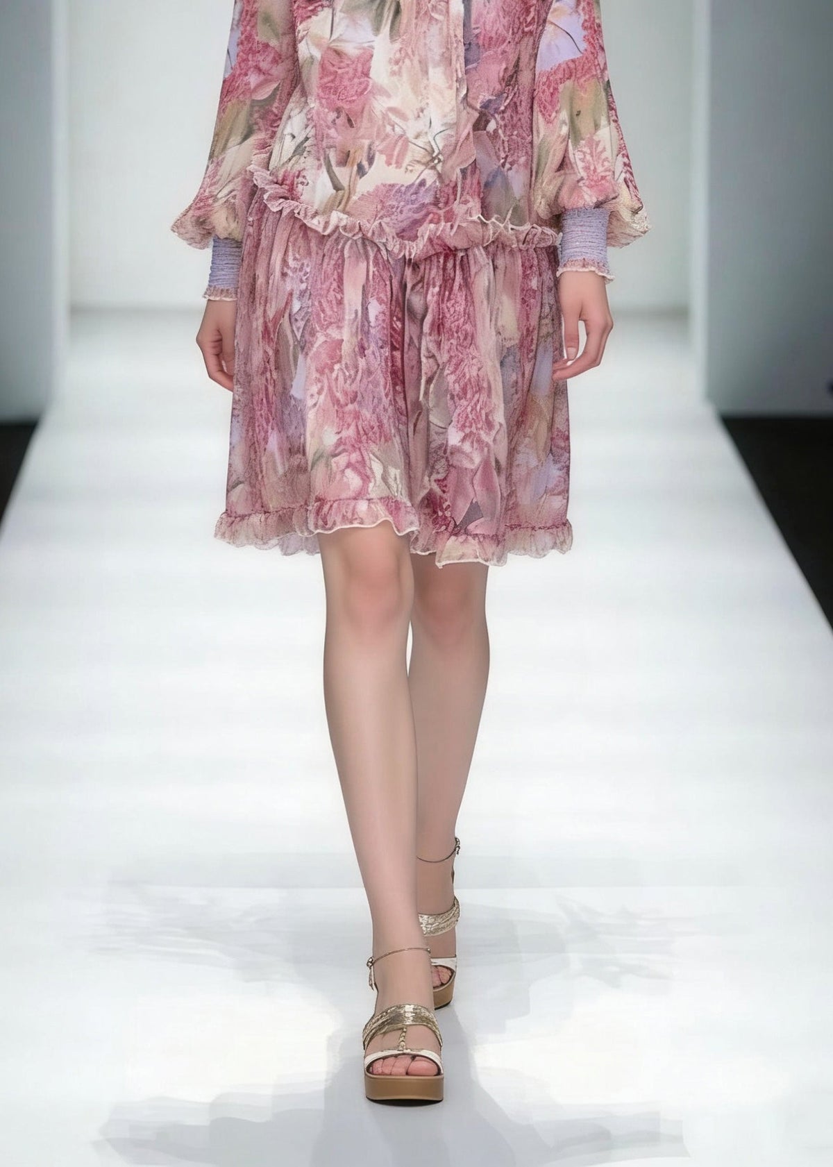 Fashion Red Stand Collar Ruffled Print Chiffon Dress Long Sleeve - View 4