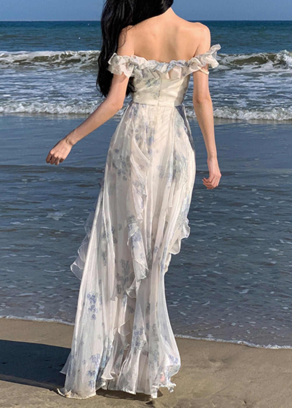 Fashion Ruffled Print Patchwork Chiffon Long Dresses Summer - View 4