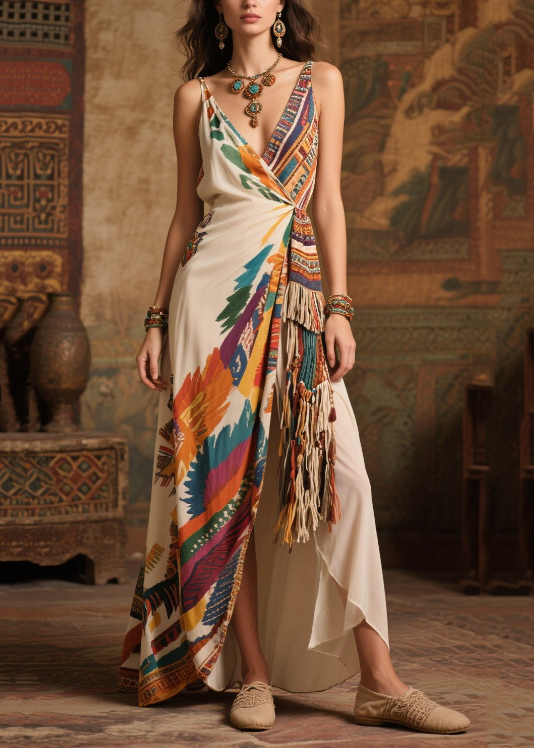 Deep V-Neck Spaghetti Strap Tassel Wrap High Split Satin Maxi Dress - View 5