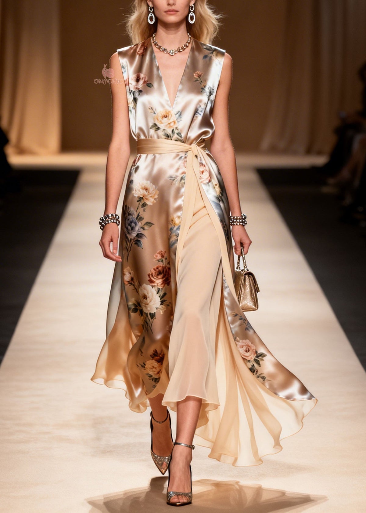 Satin Floral Print Wrap V-Neck Belted High Split Maxi Dress