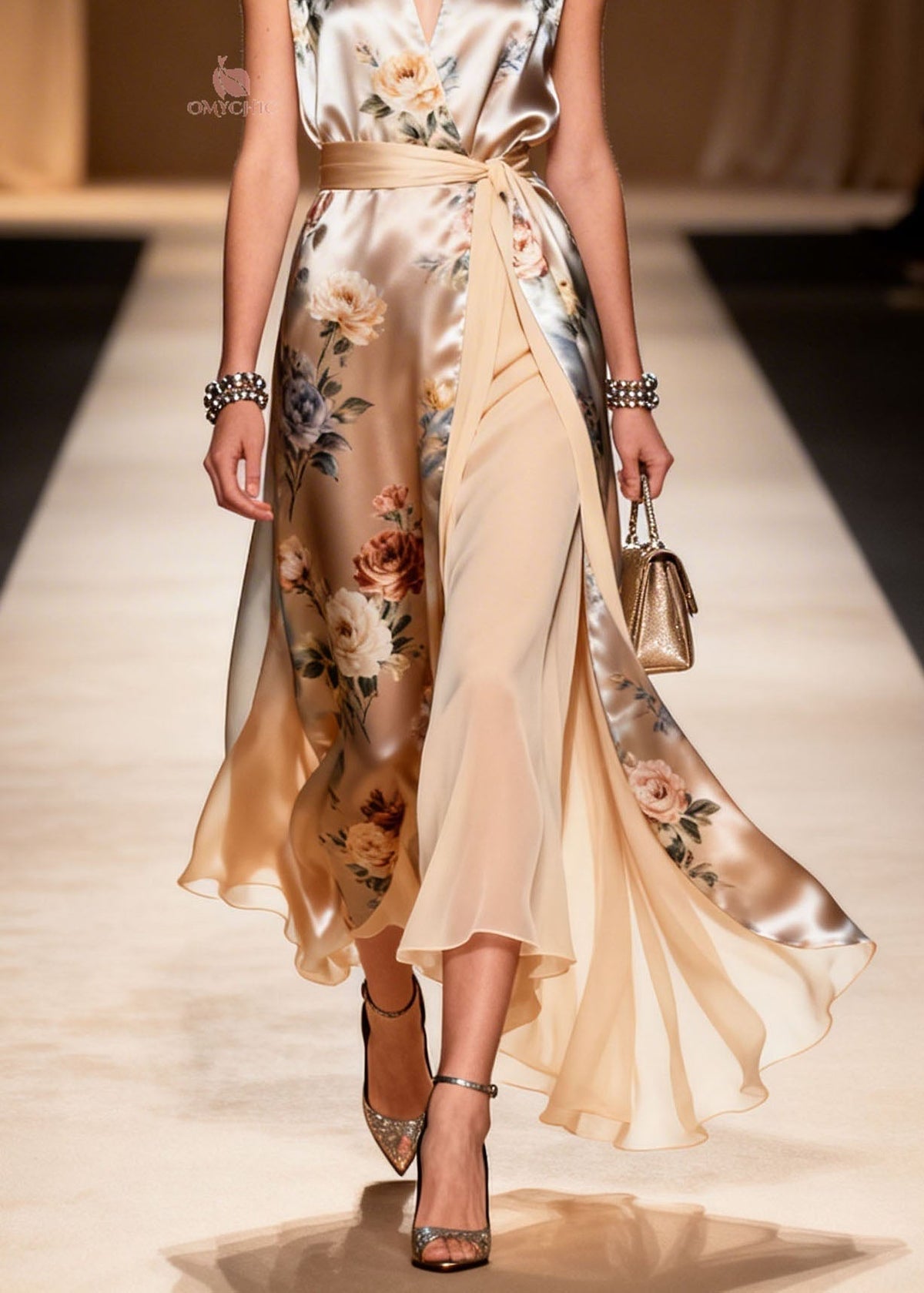 Satin Floral Print Wrap V-Neck Belted High Split Maxi Dress - View 4