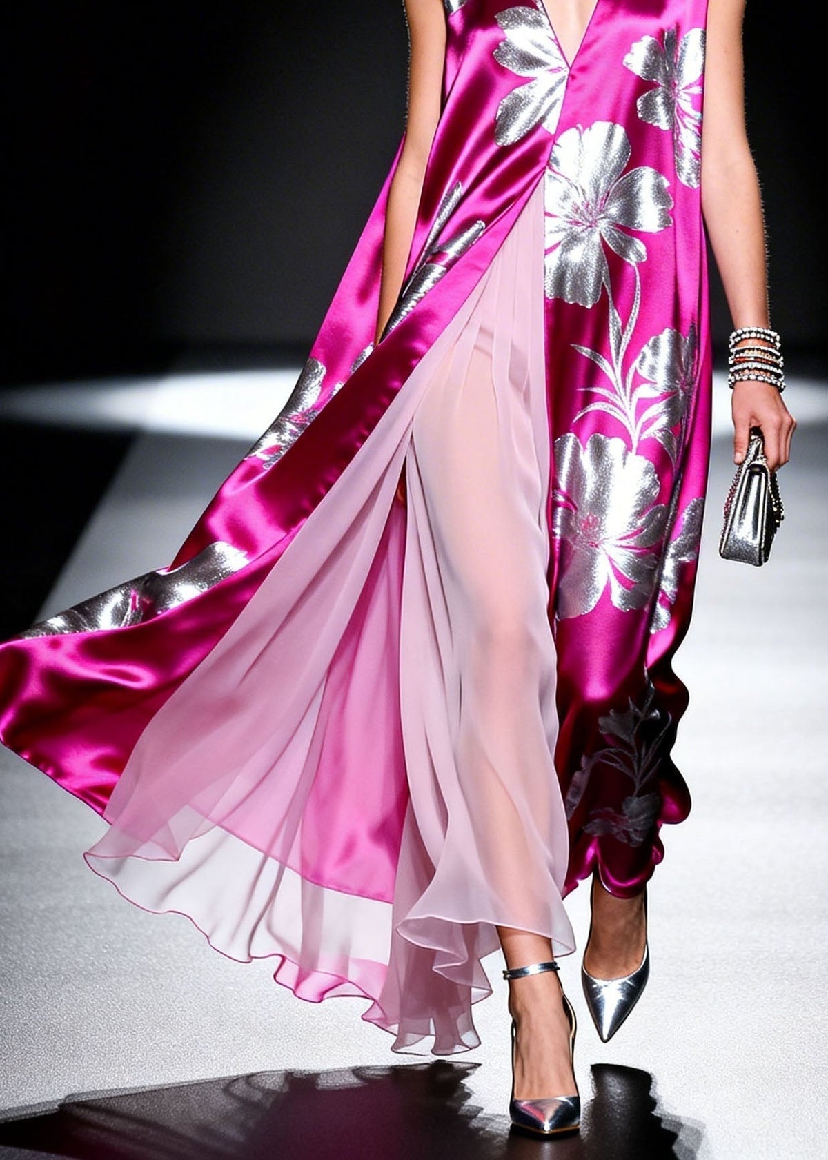 Satin Floral Print Deep V-Neck High Split Pleated Overlay Maxi Gown - View 4