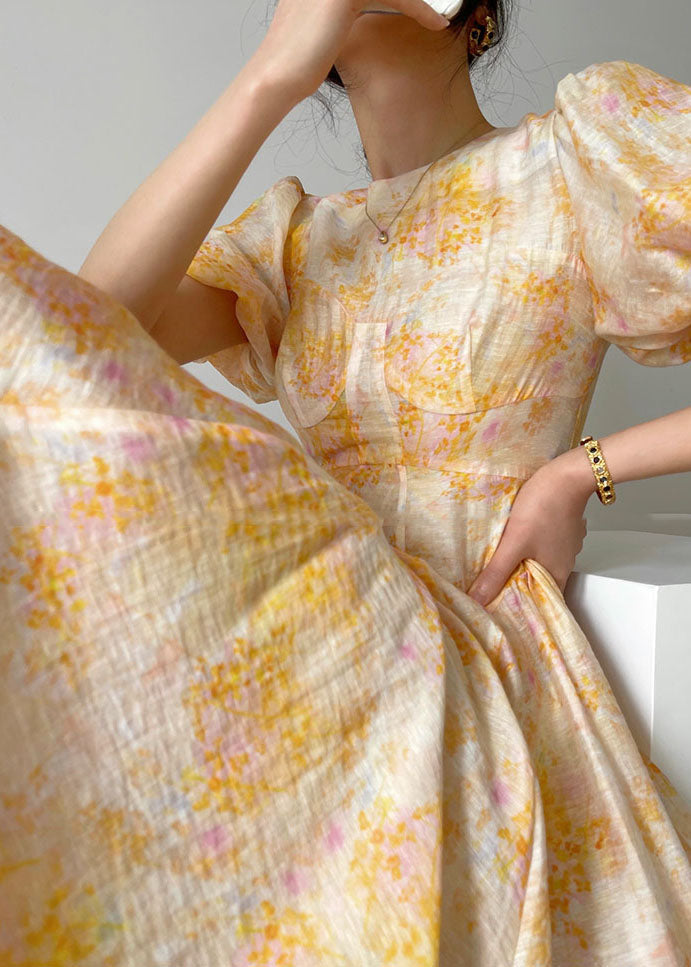 Round Neck Puff Sleeve Floral Fit and Flare Midi Dress