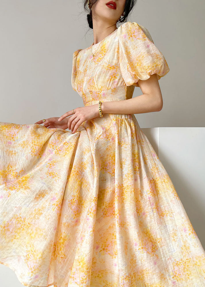 Round Neck Puff Sleeve Floral Fit and Flare Midi Dress - View 2