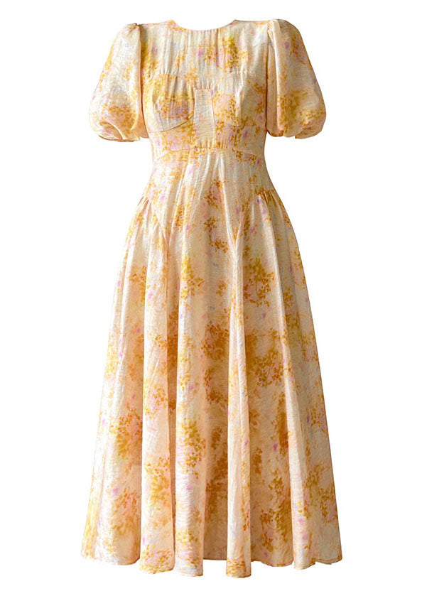 Round Neck Puff Sleeve Floral Fit and Flare Midi Dress - View 5