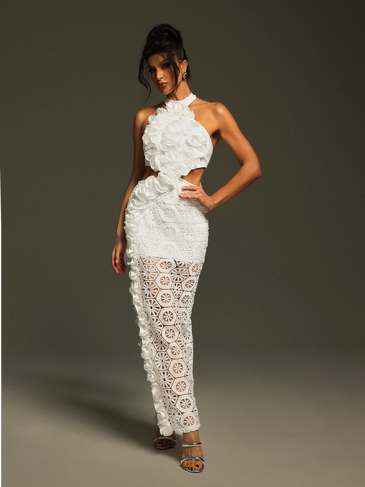 Halter Neck Rosette Bodice Waist Cut Out Lace Eyelet Maxi Dress