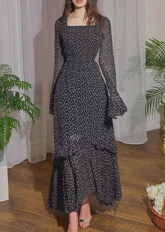 Fine Black Ruffled Print Chiffon Long Dresses Flare Sleeve - View 2