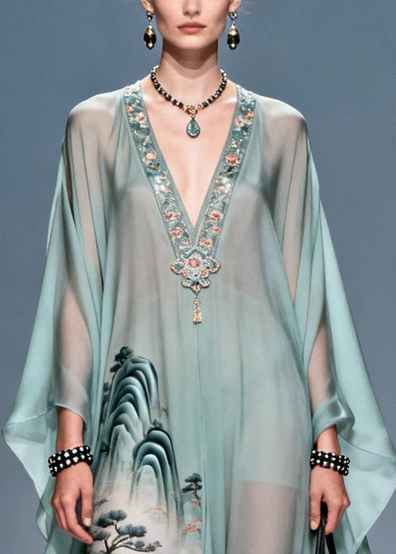 Chiffon Deep V-Neck Embroidered Trim Kaftan Sleeve Maxi Gown - View 2