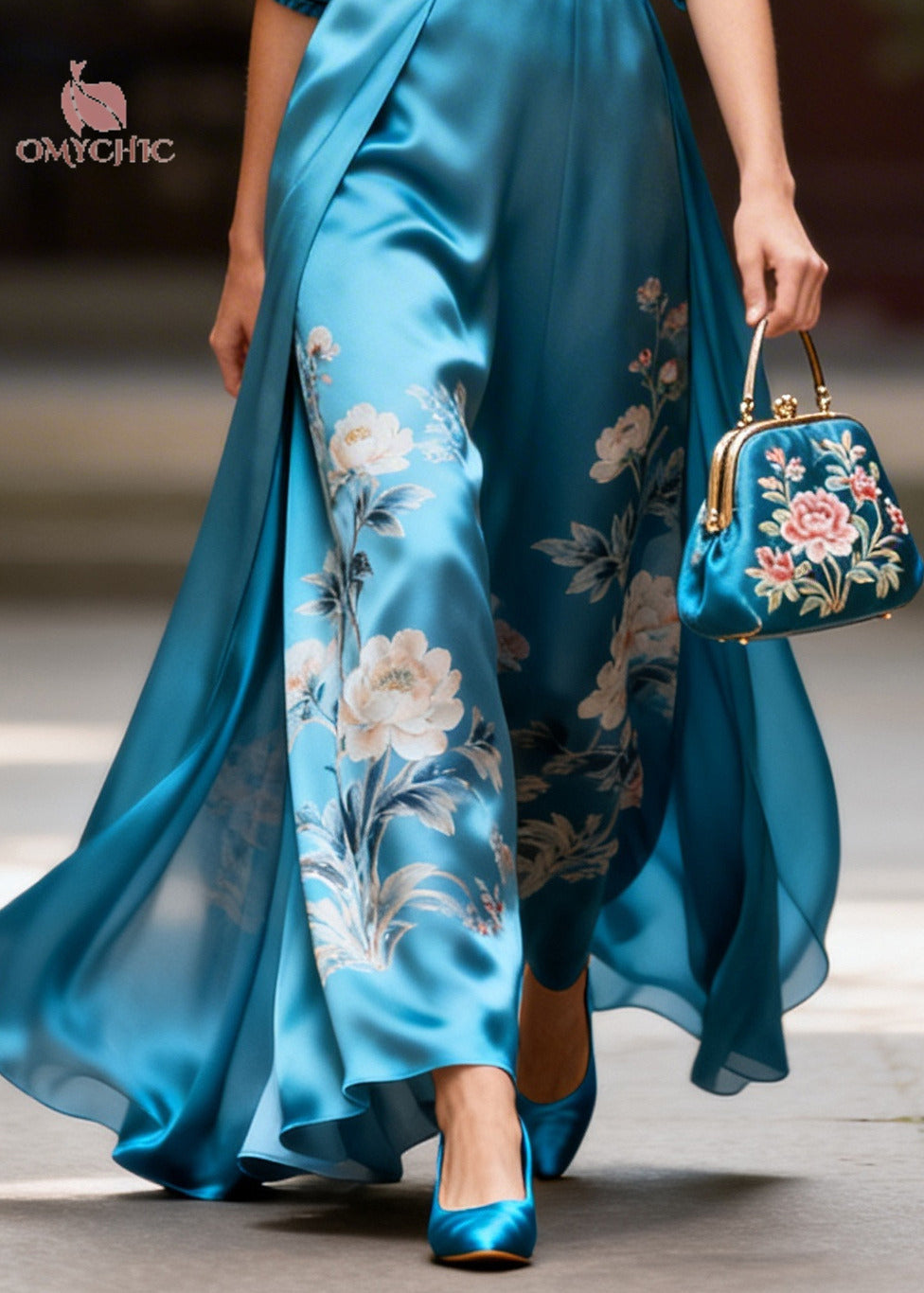 Fine Blue V Neck Print Silk Maxi Dress Long Sleeve - View 4