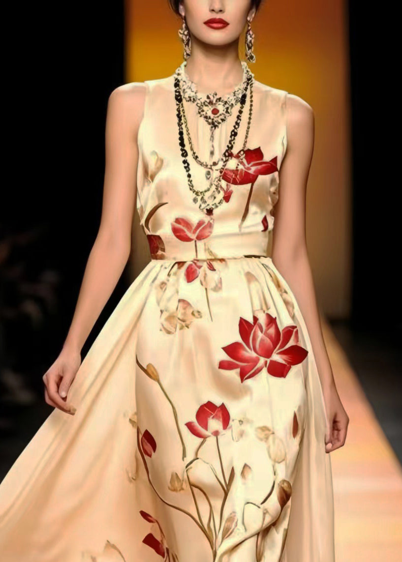 Floral Print Round Neck Sleeveless Satin Attached Maxi Gown - View 2