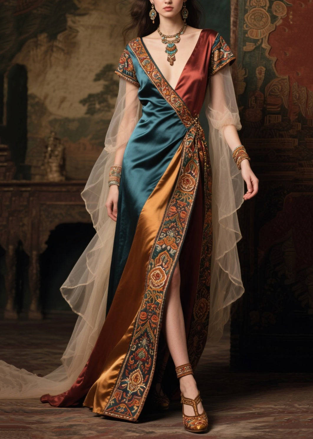 Fine Colorblock Asymmetrical Patchwork Tulle Maxi Dress Summer