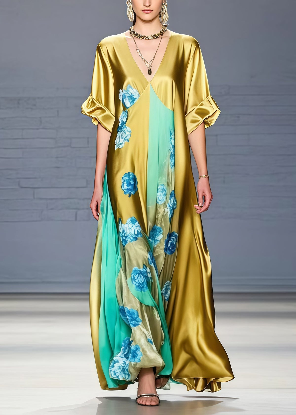 Floral Print Deep V-Neck Short Sleeve Panel Kaftan Maxi Gown - View 3