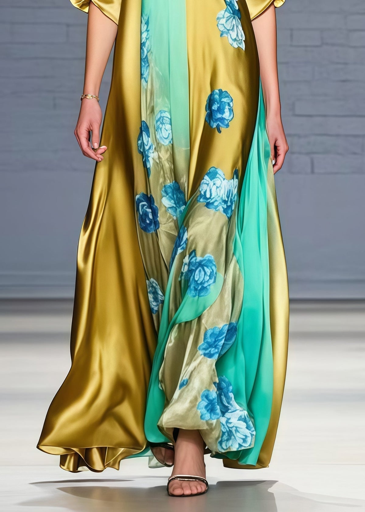 Floral Print Deep V-Neck Short Sleeve Panel Kaftan Maxi Gown - View 4