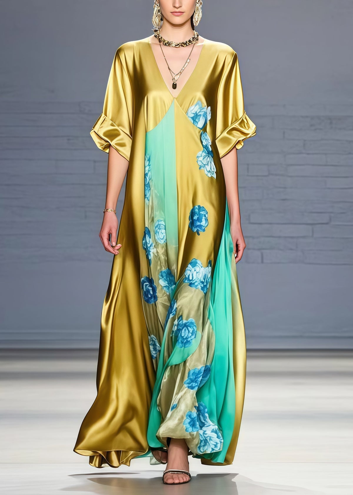 Floral Print Deep V-Neck Short Sleeve Panel Kaftan Maxi Gown - View 5