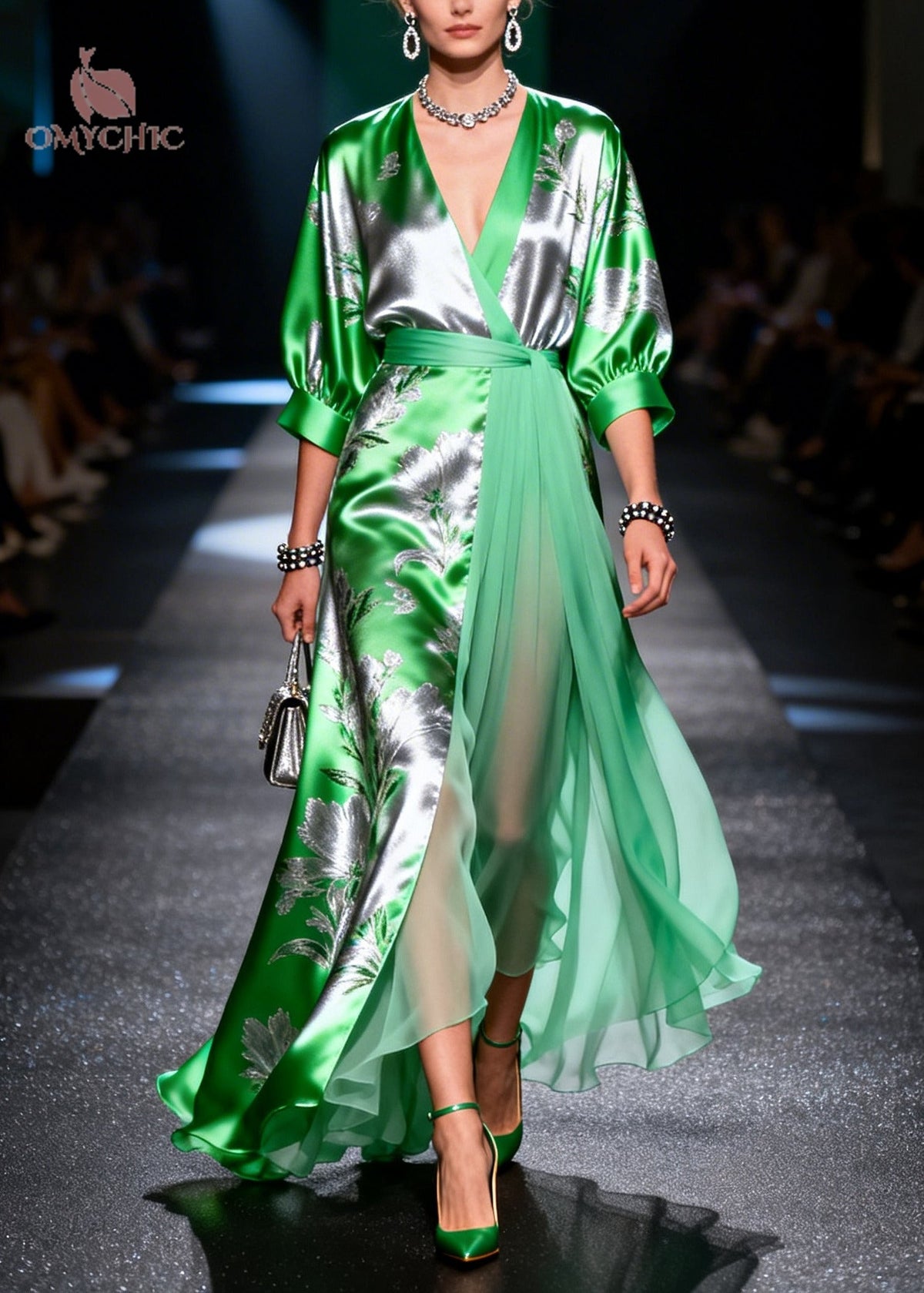 Fine Grass Green Jacquard Patchwork Low High Chiffon Maxi Dress - View 5