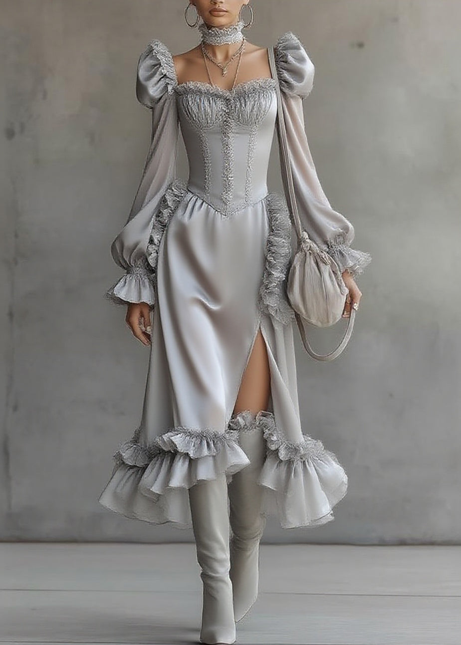 Fine Grey Ruffled Patchwork Chiffon Long Dresses Lantern Sleeve - View 5