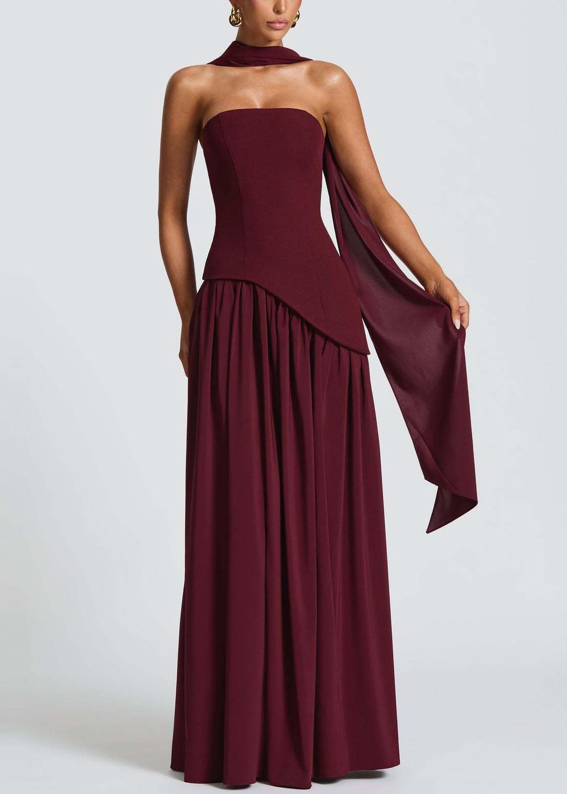 Strapless Asymmetric Drop Waist Pleated Scarf Drape Maxi Gown