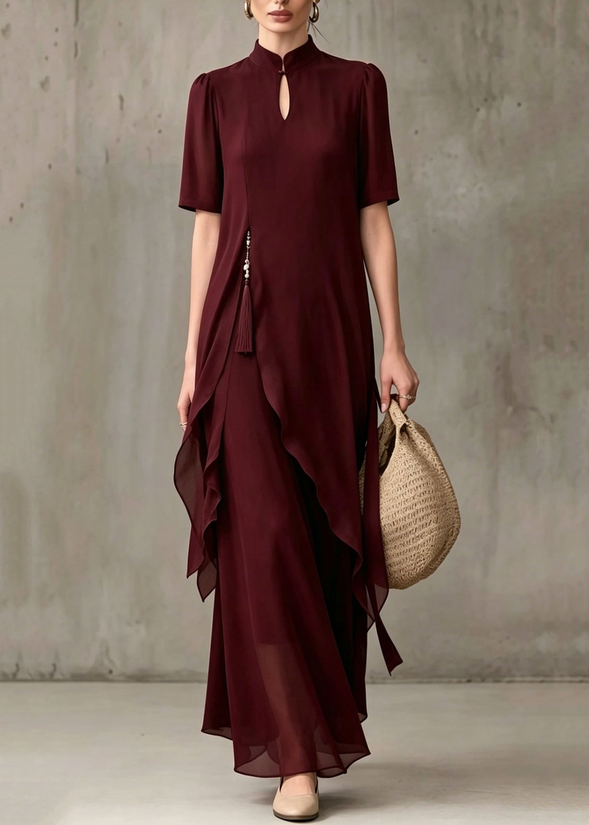 Keyhole Stand Collar Asymmetrical Drape Layer Chiffon Maxi Dress - View 3