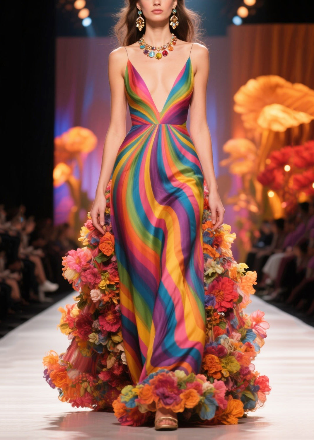 Spiral Print Spaghetti Strap Deep V-Neck 3D Floral Hem Gown - View 5