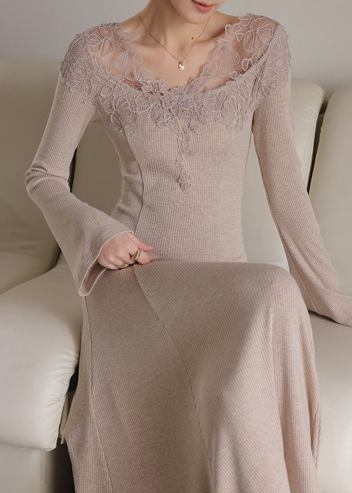 Ribbed Knit V-Neck Floral Lace Trim Long Sleeve Flared Midi Dress
