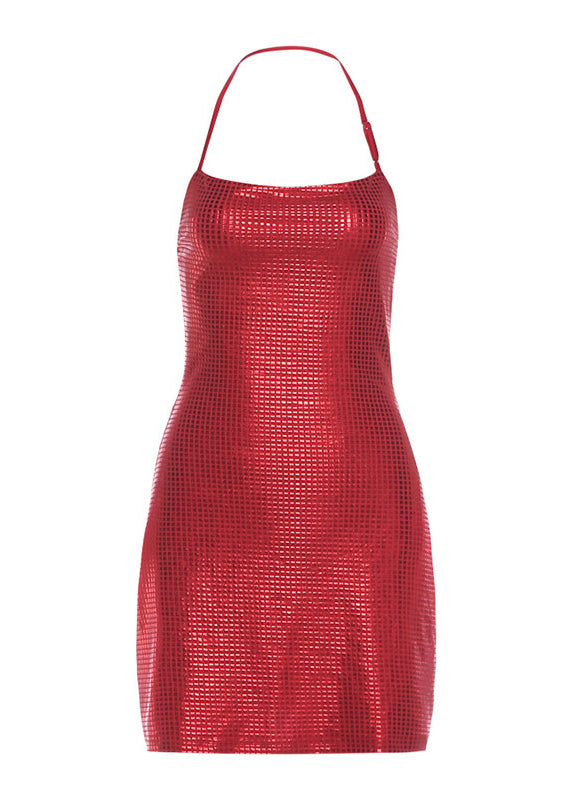 Fine Red Rhinestone Wraped Mini Dress Summer - View 5