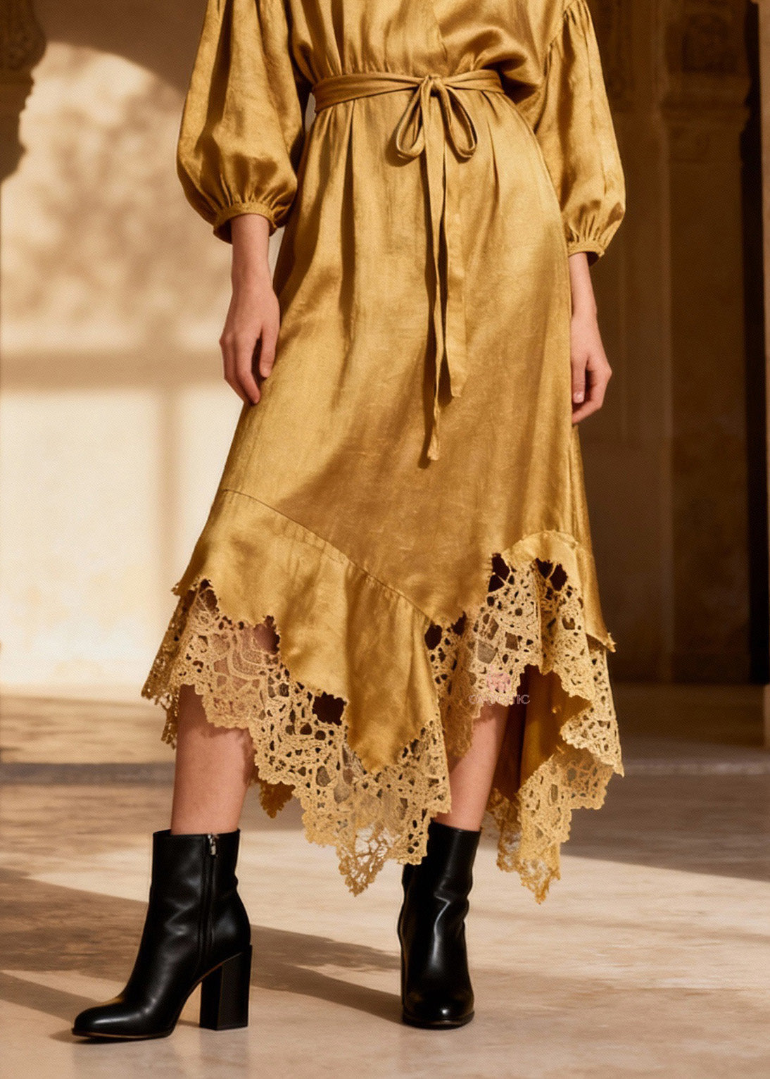 Satin Wrap V-Neck Balloon Sleeve Crochet Lace Midi Dress - View 4