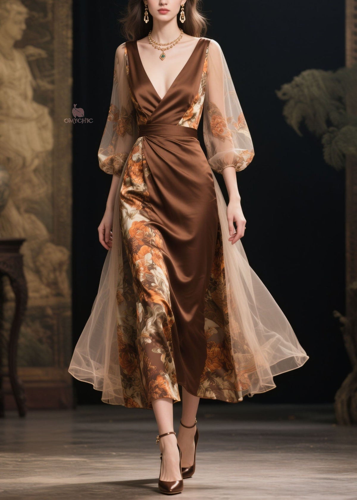 Floral Print Wrap Deep V-Neck Mesh Balloon Sleeve Maxi Gown - View 3