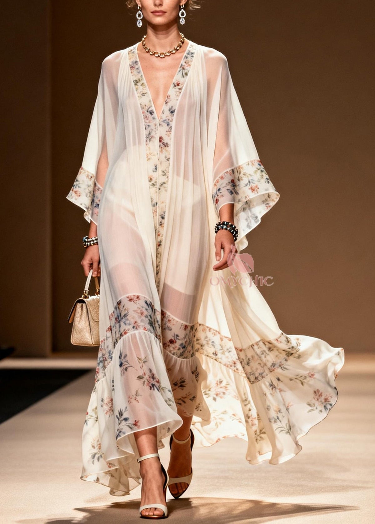 Sheer Chiffon Floral Border Deep V-Neck Sleeve Gathered Maxi Gown - View 3