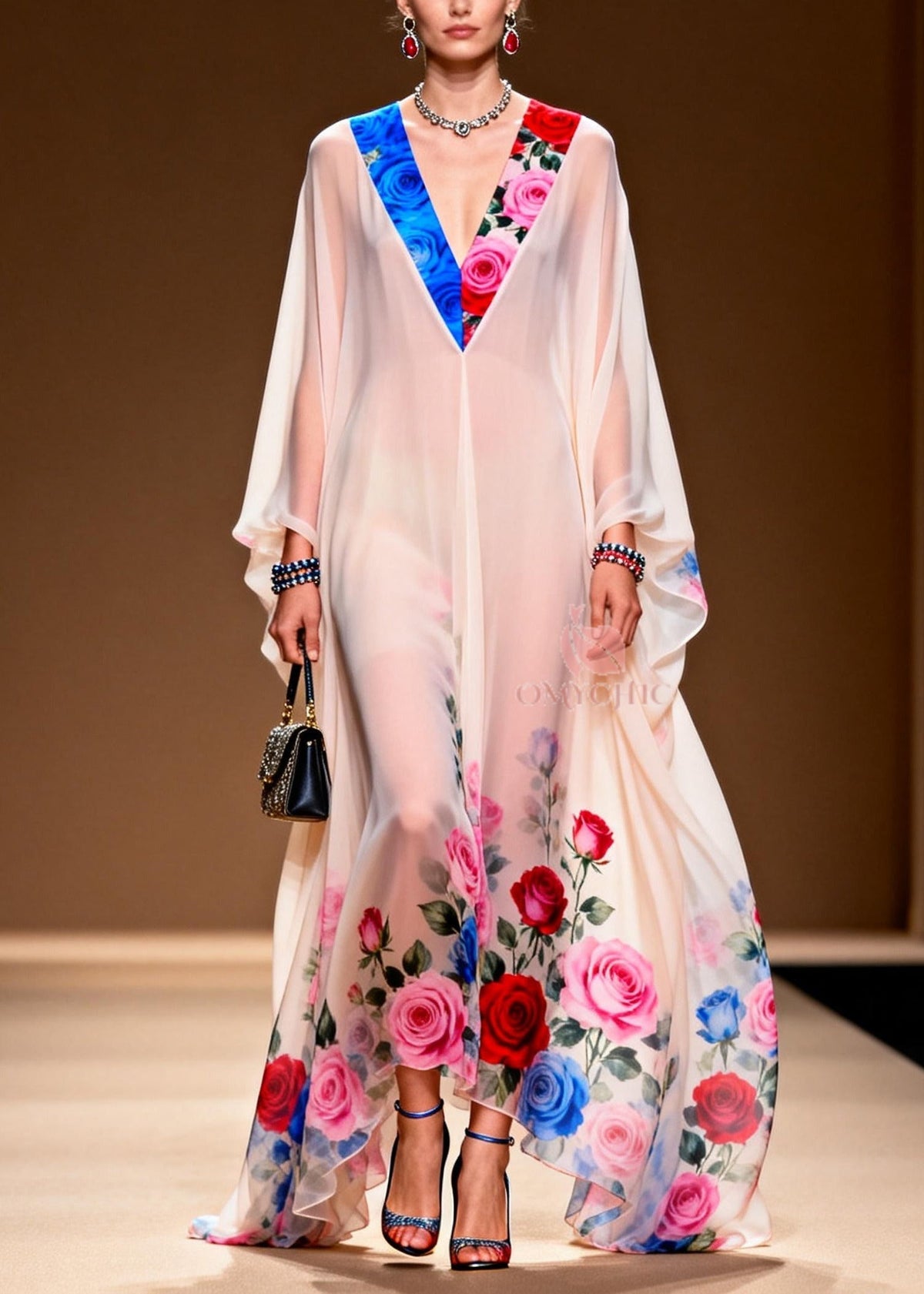 Floral Print Deep V-Neck Butterfly Sleeve Sheer Chiffon Maxi Gown - View 5