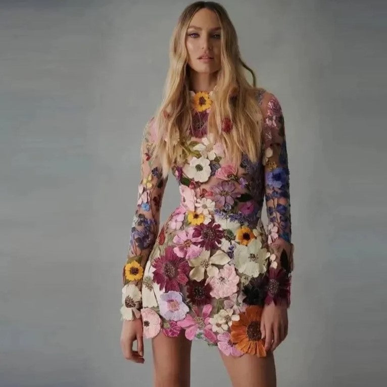 Mock Neck Long Sleeve Floral Embroidered Bodycon Mini Dress - View 3