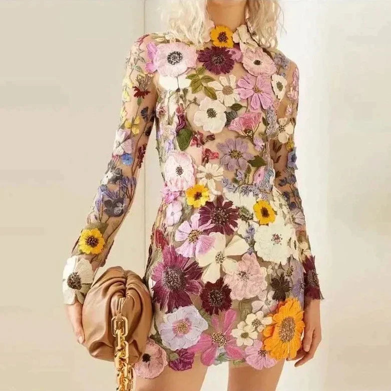 Mock Neck Long Sleeve Floral Embroidered Bodycon Mini Dress - View 2