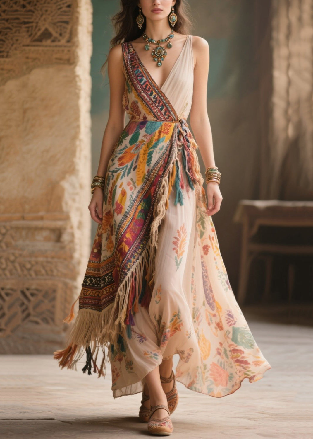 Fringe Trim Patchwork Wrap Spaghetti Strap Deep V-Neck Maxi Dress - View 5
