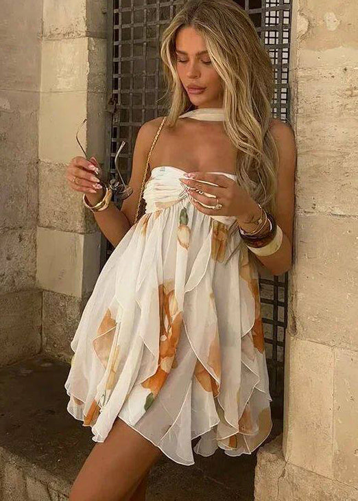 Fitted White Print With Scarf Chiffon Strapless Dresses Summer - View 5